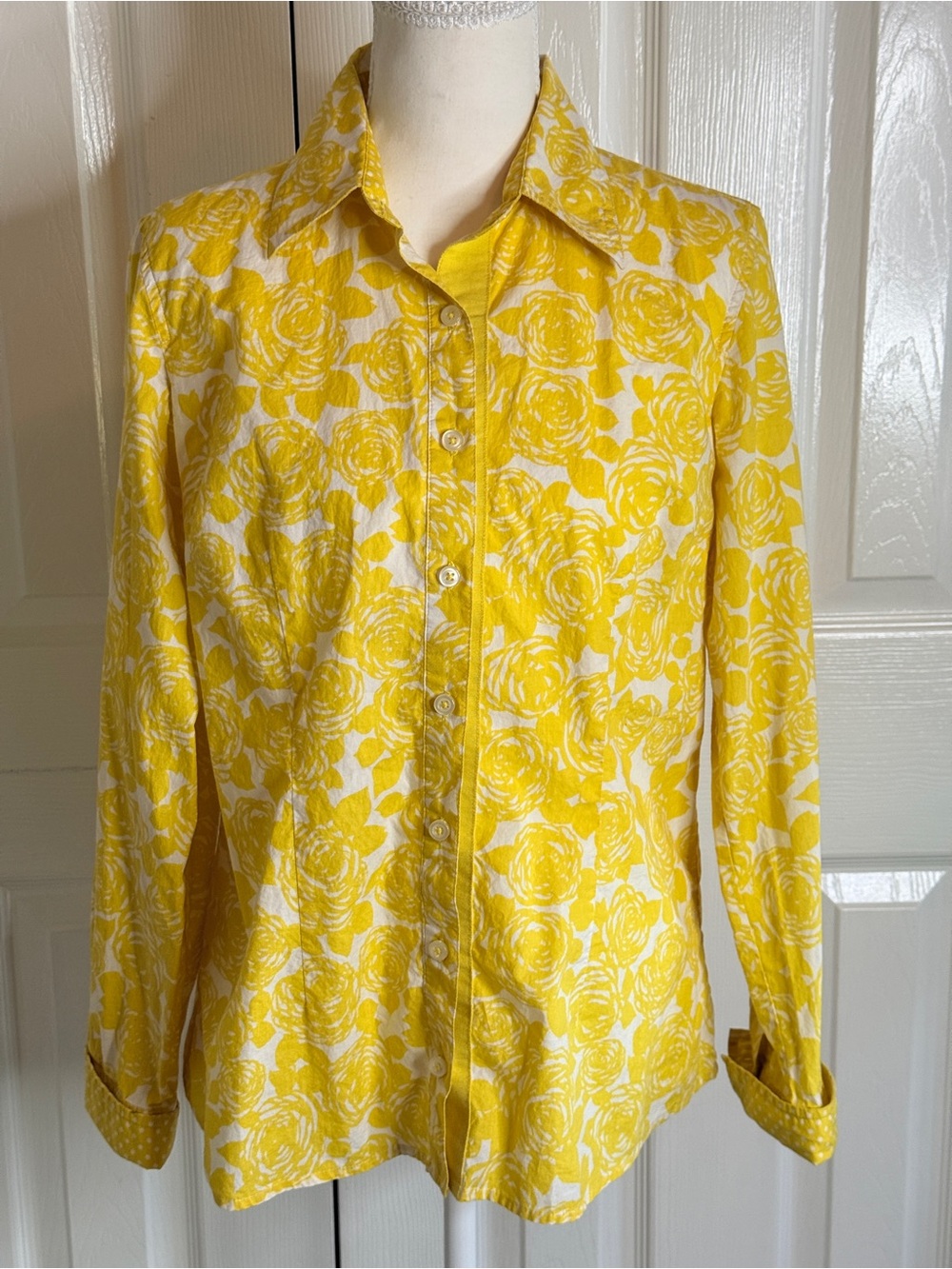 Boden Yellow Rose Floral Cotton Button Down Shirt Blouse Size 12 EUC